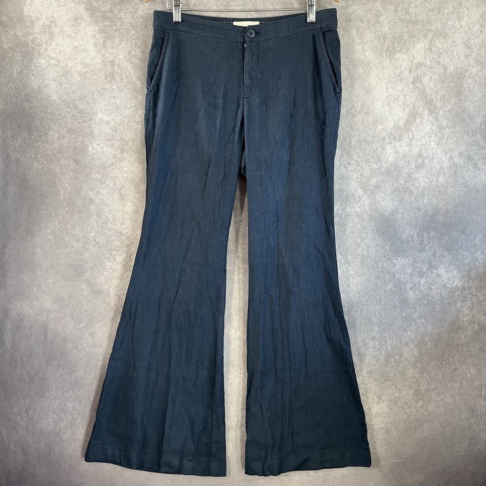 Anthropologie Pants Women 8 Navy Blue Linen Blend Wide Leg Flare Trousers Hippie